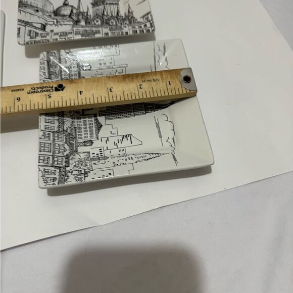 PLATES-BLACK WHITE CITY SCENE-SQUARE-1 LARGE 3 SMALL-222 FIFTH-MATCHING SET - Picture 8 of 8